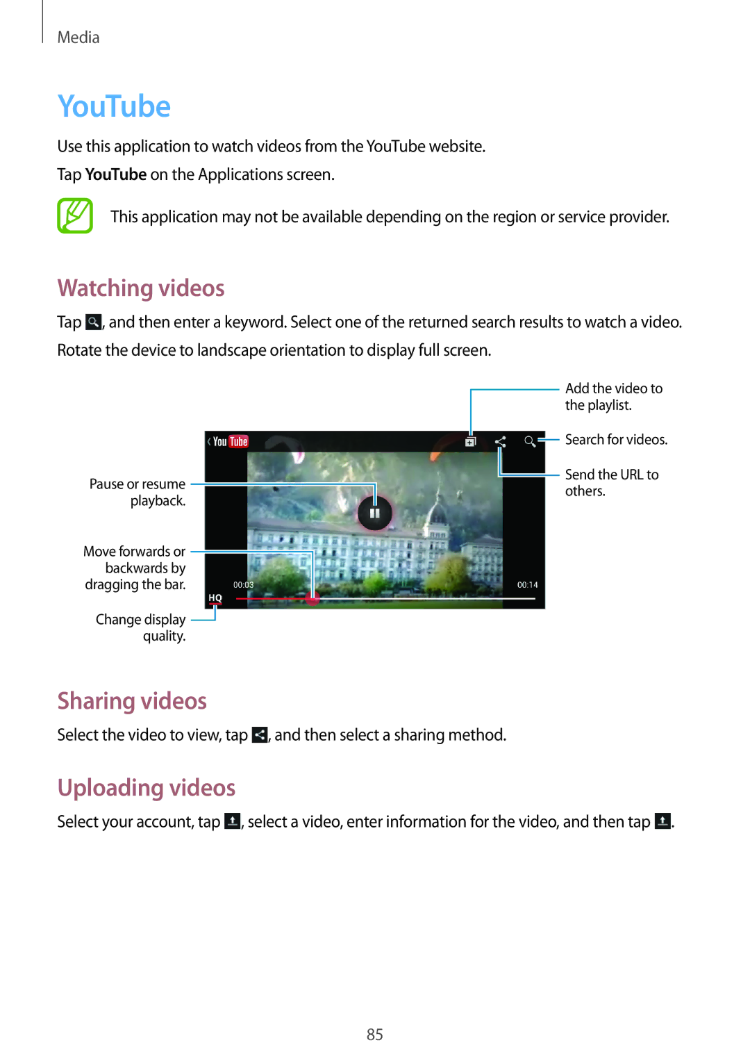 Samsung GT-I9195 user manual YouTube, Watching videos, Uploading videos 