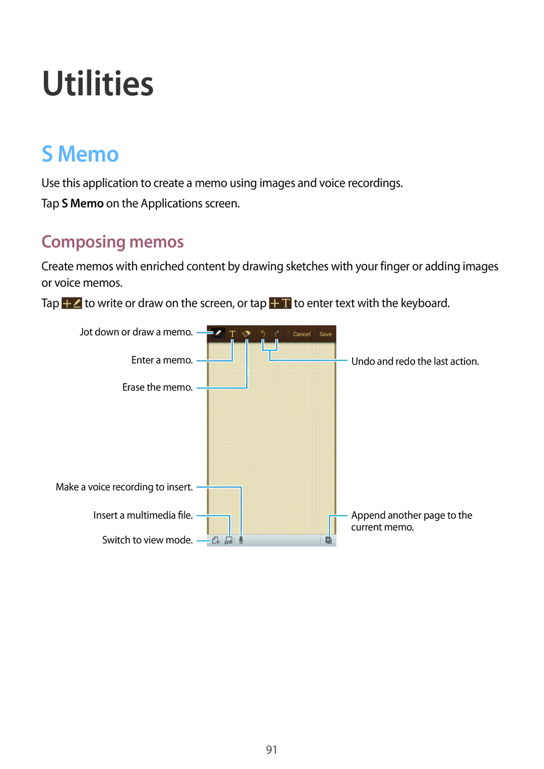 Samsung GT-I9195 user manual Utilities, Memo, Composing memos 