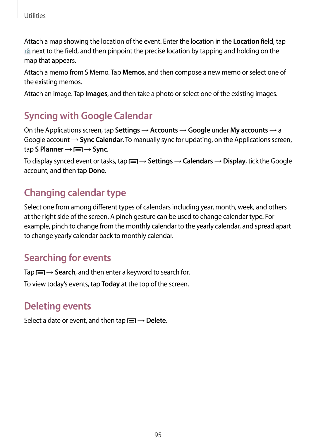 Samsung GT-I9195 user manual Syncing with Google Calendar, Changing calendar type, Searching for events, Deleting events 