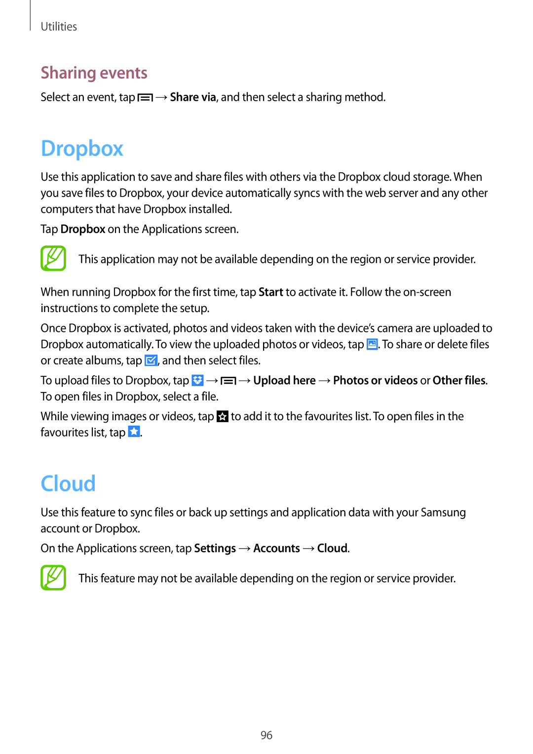 Samsung GT-I9195 user manual Dropbox, Cloud, Sharing events 