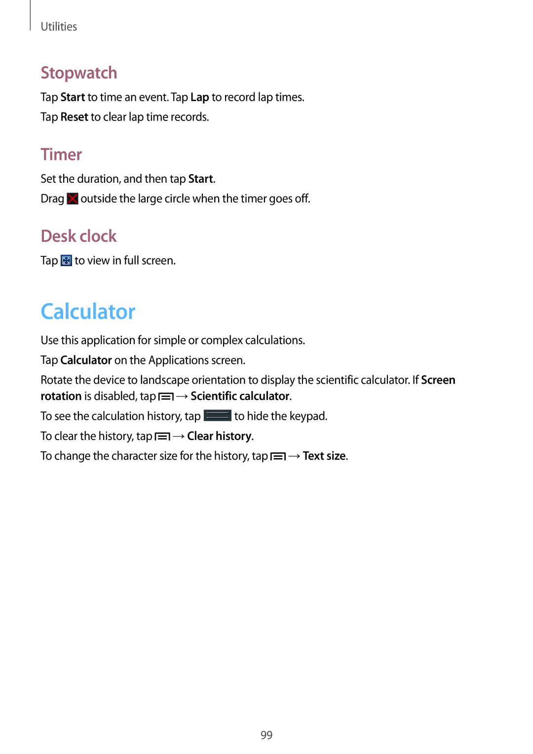 Samsung GT-I9195 user manual Calculator, Stopwatch, Timer, Desk clock 