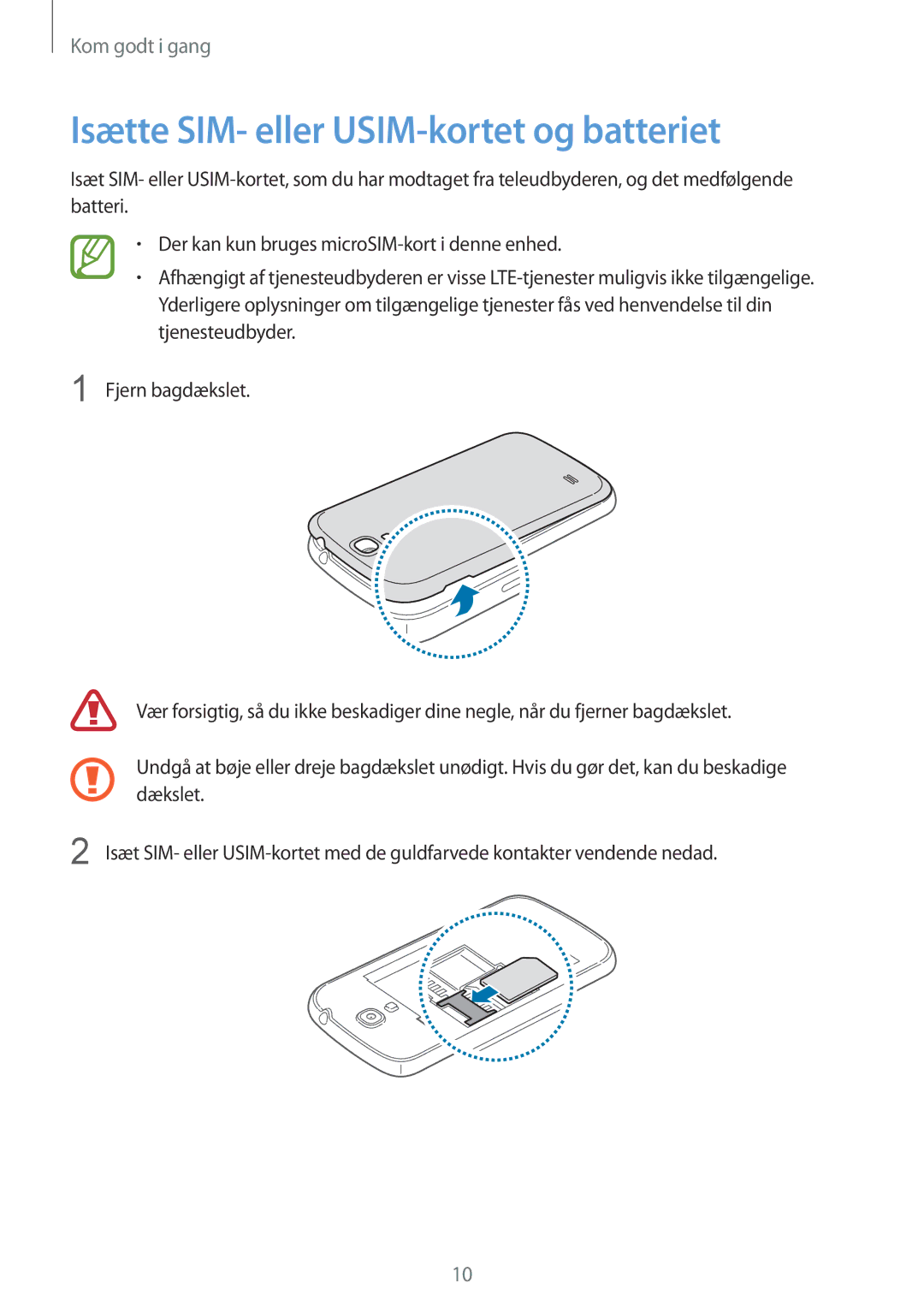 Samsung GT-I9195DKINEE, GT-I9195DKYNEE, GT-I9195ZKANEE, GT-I9195ZPANEE manual Isætte SIM- eller USIM-kortet og batteriet 