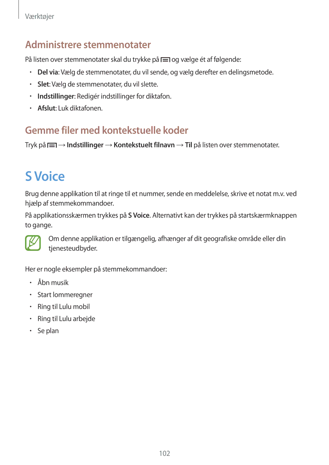 Samsung GT-I9195ZKANEE, GT-I9195DKINEE manual Voice, Administrere stemmenotater, Gemme filer med kontekstuelle koder 