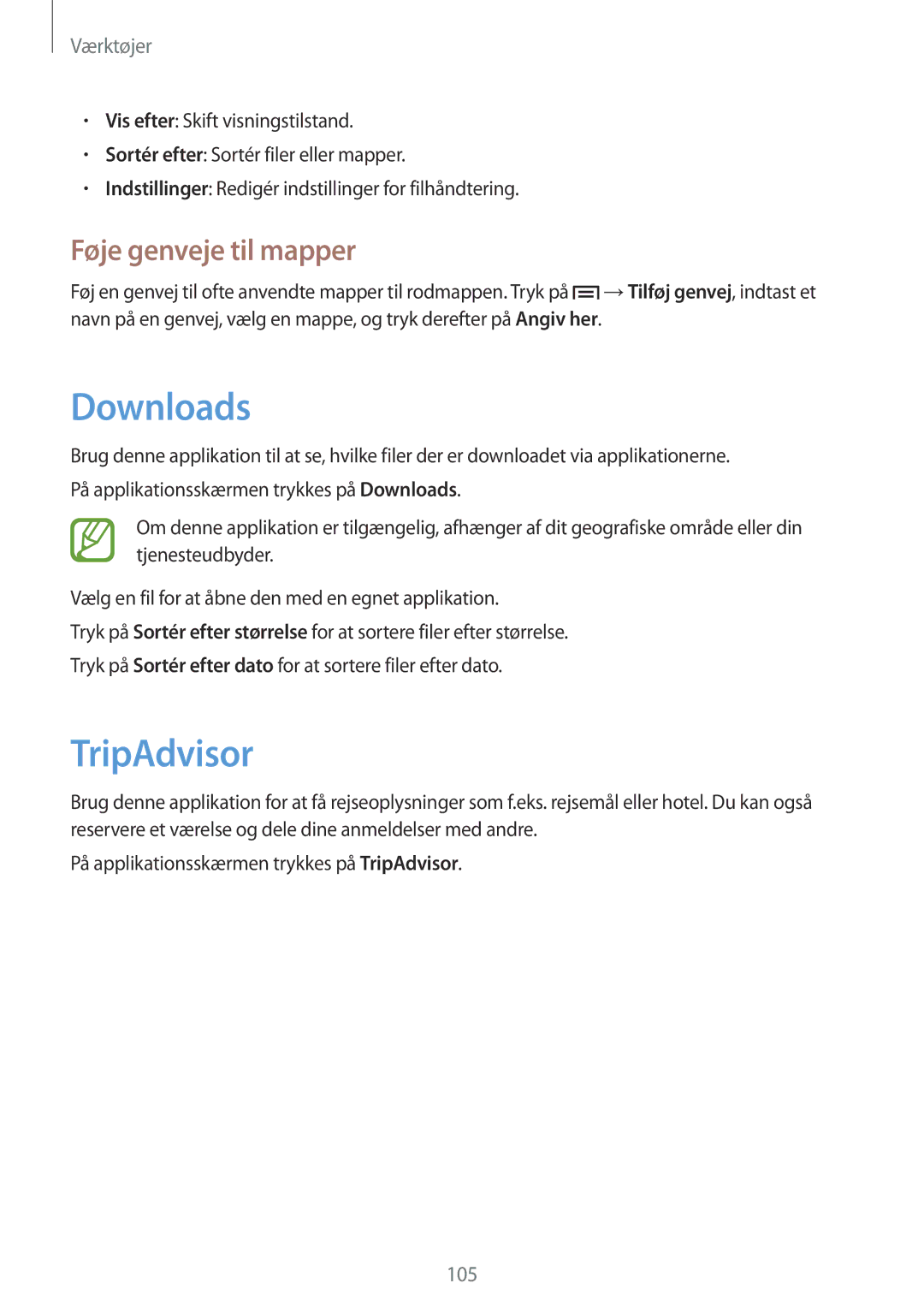 Samsung GT-I9195ZNANEE, GT-I9195DKINEE, GT-I9195DKYNEE, GT-I9195ZKANEE manual Downloads, TripAdvisor, Føje genveje til mapper 