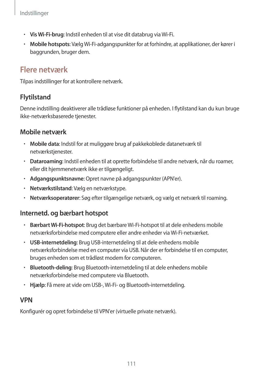 Samsung GT-I9195DKYNEE, GT-I9195DKINEE manual Flere netværk, Flytilstand, Mobile netværk, Internetd. og bærbart hotspot 