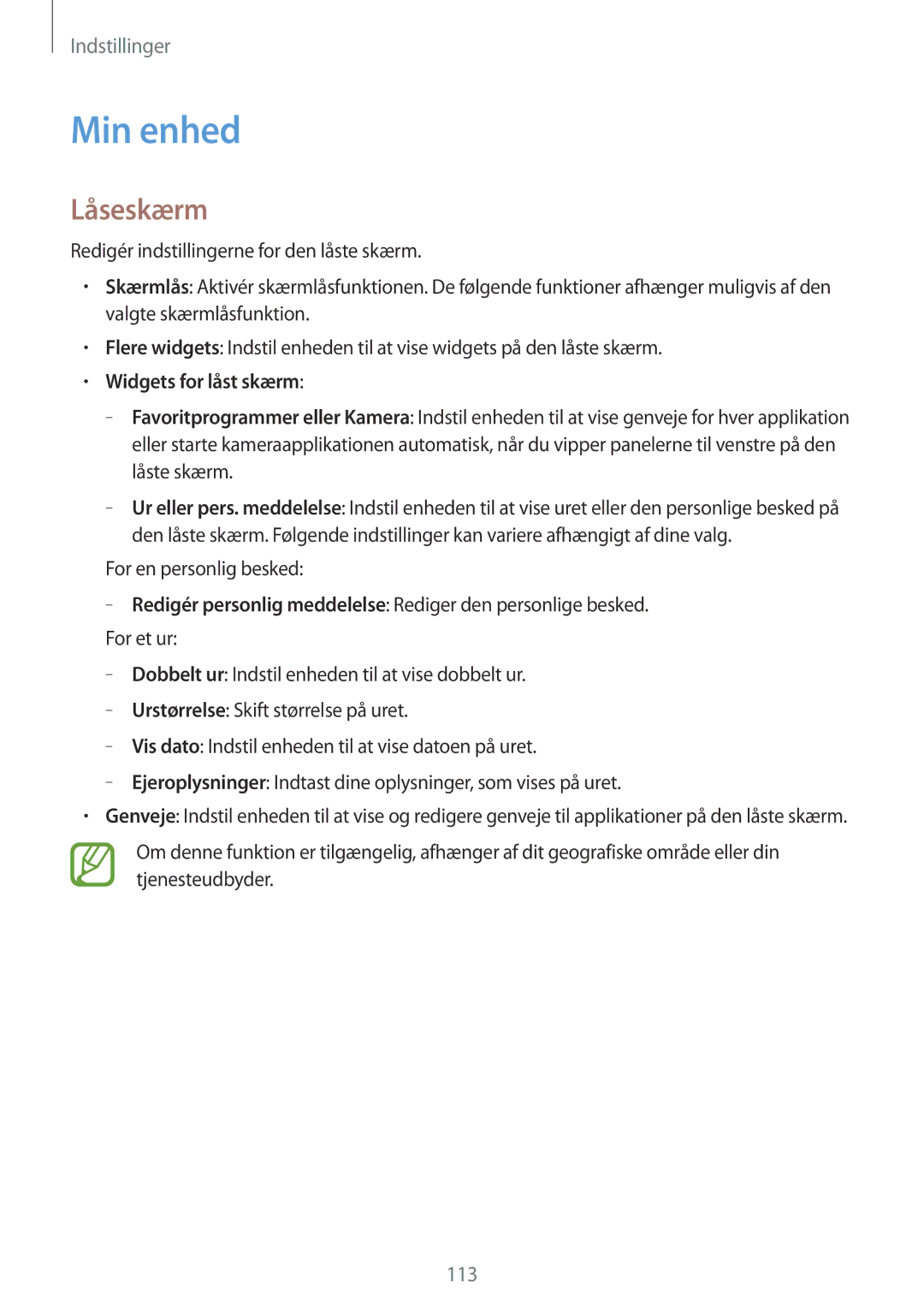 Samsung GT-I9195ZPANEE, GT-I9195DKINEE, GT-I9195DKYNEE, GT-I9195ZKANEE manual Min enhed, Låseskærm, Widgets for låst skærm 