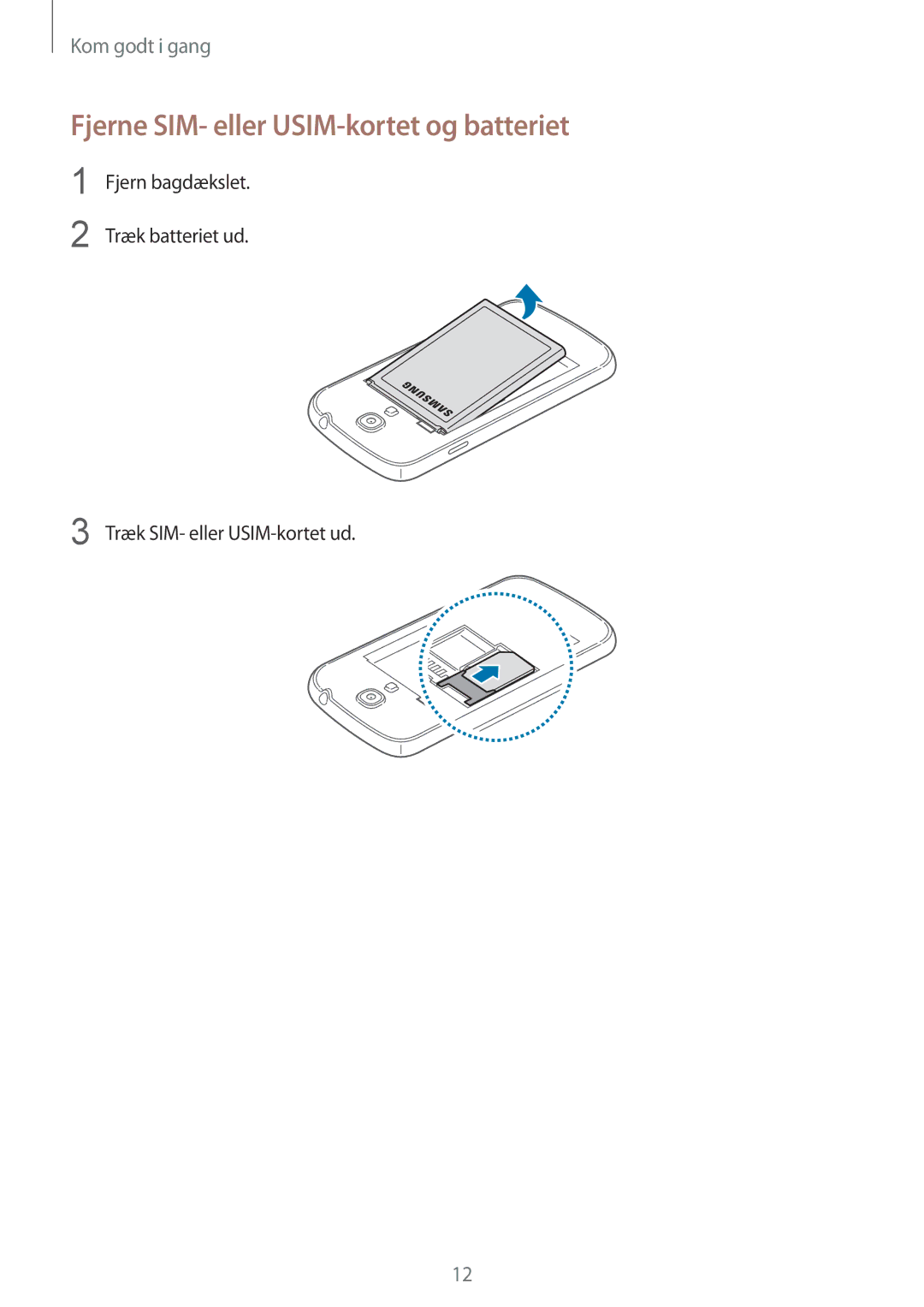 Samsung GT-I9195ZKANEE, GT-I9195DKINEE, GT-I9195DKYNEE, GT-I9195ZPANEE manual Fjerne SIM- eller USIM-kortet og batteriet 