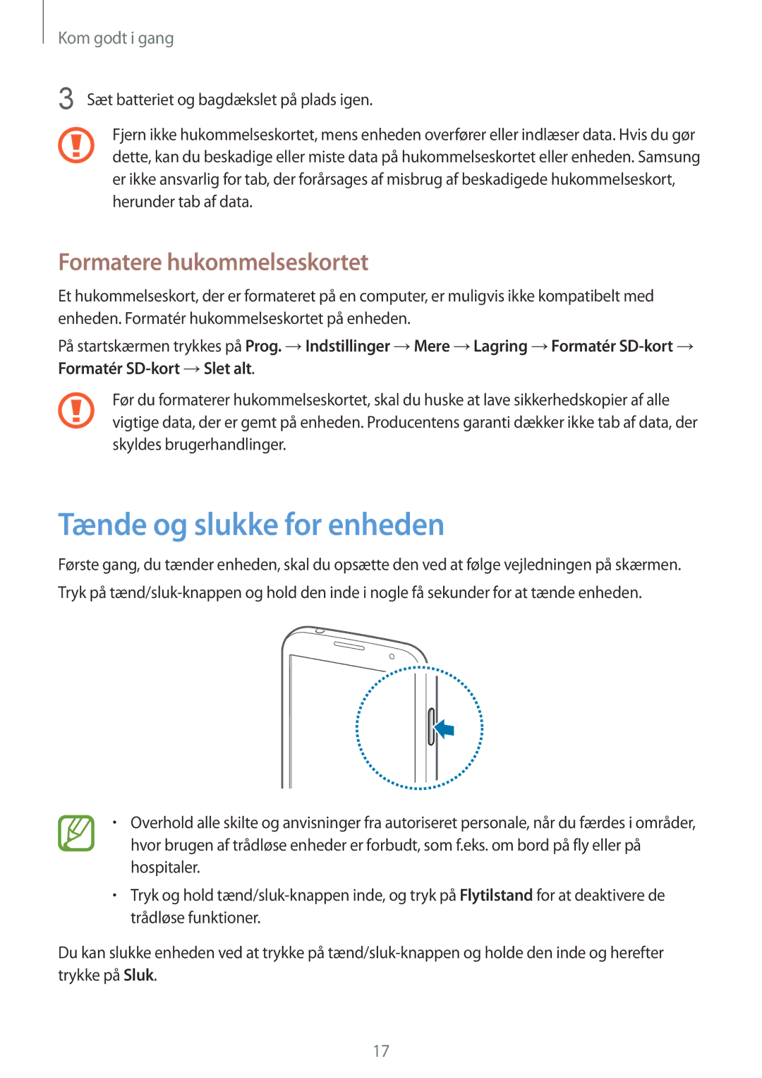 Samsung GT-I9195ZRANEE, GT-I9195DKINEE, GT-I9195DKYNEE manual Tænde og slukke for enheden, Formatere hukommelseskortet 