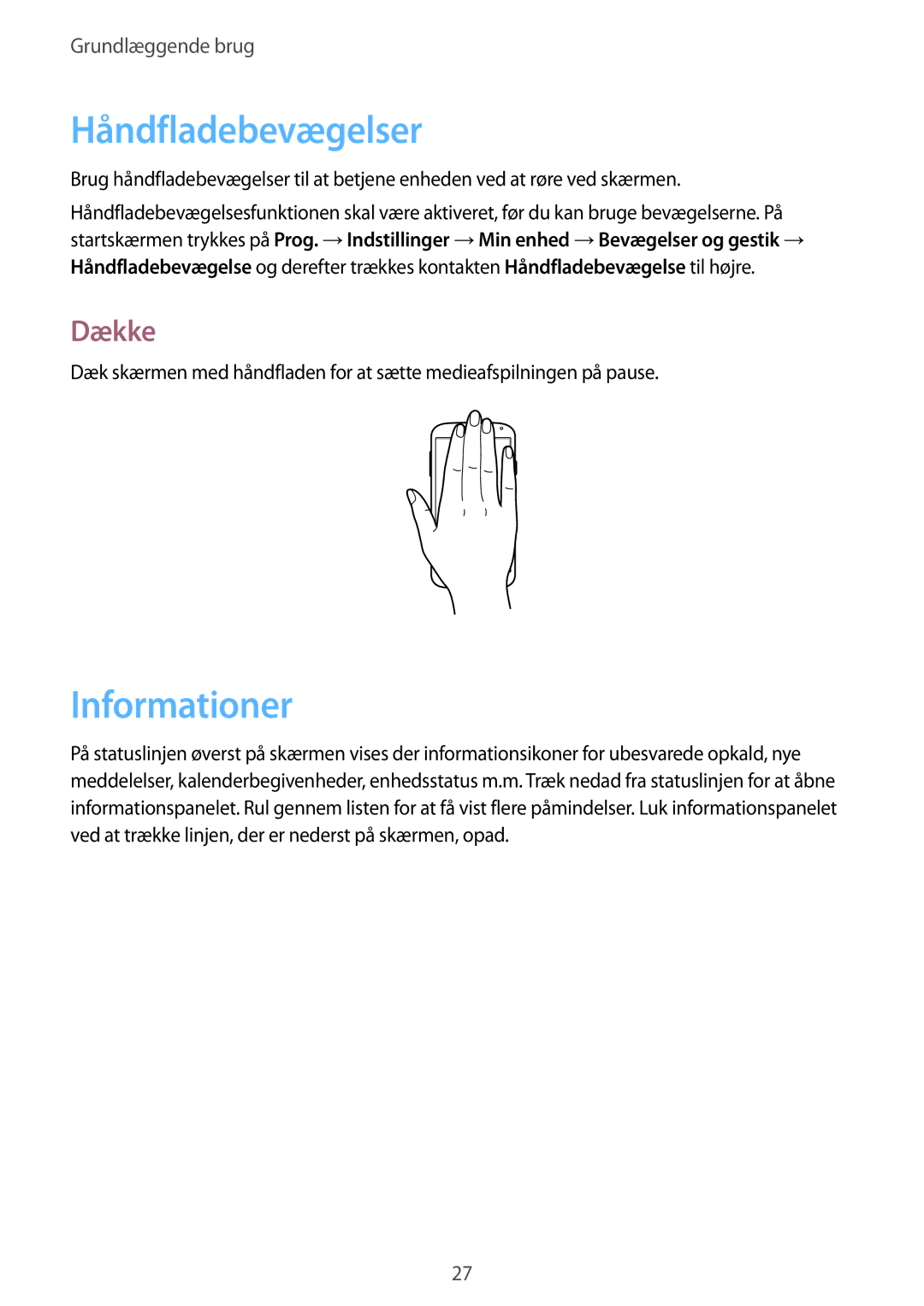 Samsung GT-I9195ZRANEE, GT-I9195DKINEE, GT-I9195DKYNEE, GT-I9195ZKANEE manual Håndfladebevægelser, Informationer, Dække 