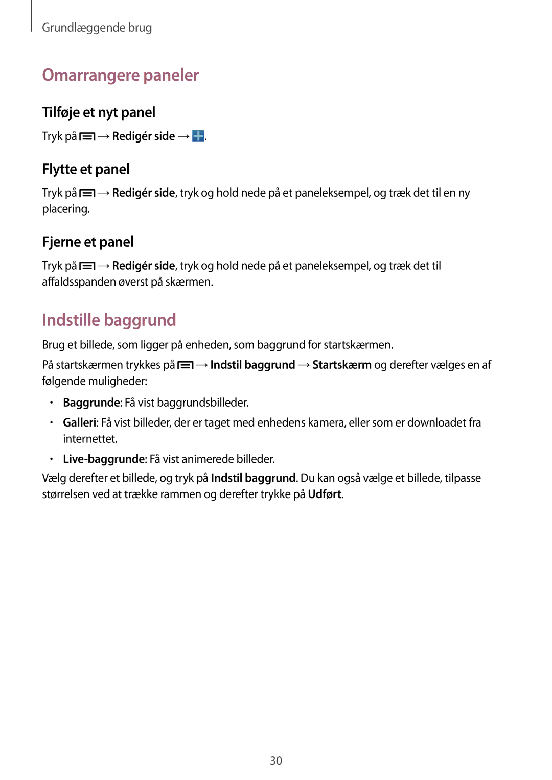 Samsung GT-I9195DKINEE Omarrangere paneler, Indstille baggrund, Tilføje et nyt panel, Flytte et panel, Fjerne et panel 