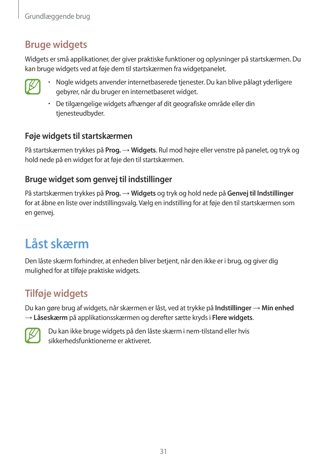 Samsung GT-I9195DKYNEE, GT-I9195DKINEE manual Låst skærm, Bruge widgets, Tilføje widgets, Føje widgets til startskærmen 