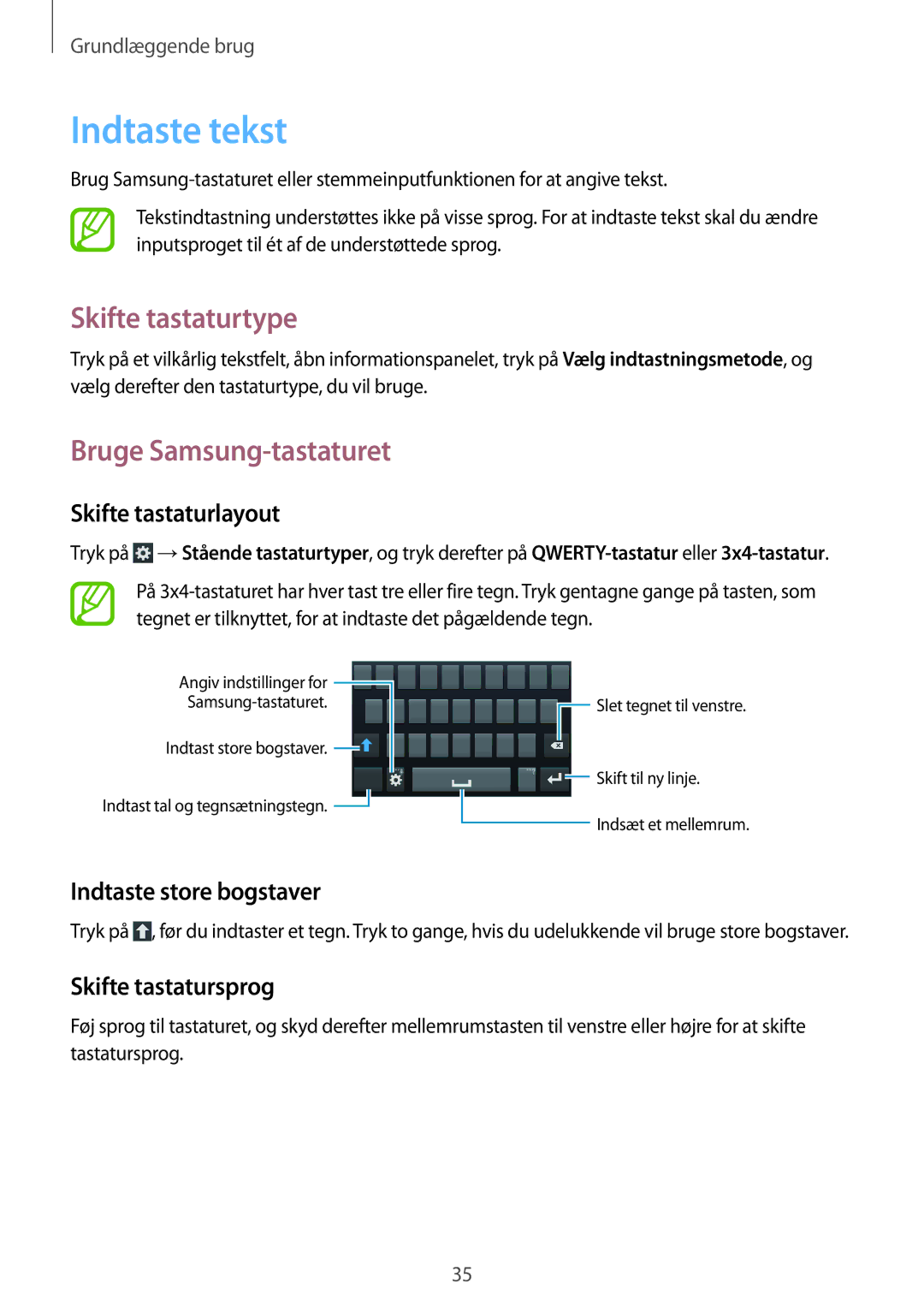 Samsung GT-I9195ZNANEE, GT-I9195DKINEE, GT-I9195DKYNEE manual Indtaste tekst, Skifte tastaturtype, Bruge Samsung-tastaturet 