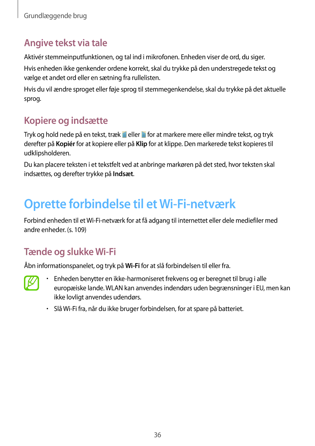 Samsung GT-I9195ZWINEE manual Oprette forbindelse til et Wi-Fi-netværk, Angive tekst via tale, Kopiere og indsætte 
