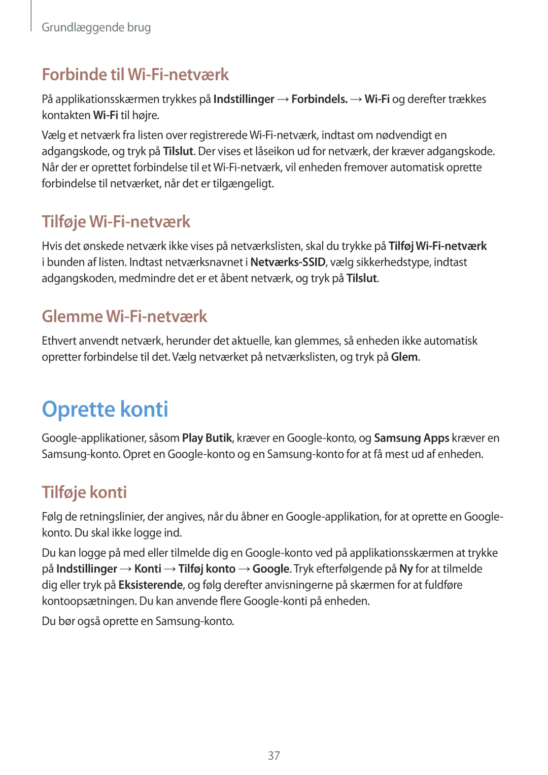 Samsung GT-I9195ZRANEE manual Oprette konti, Forbinde til Wi-Fi-netværk, Tilføje Wi-Fi-netværk, Glemme Wi-Fi-netværk 