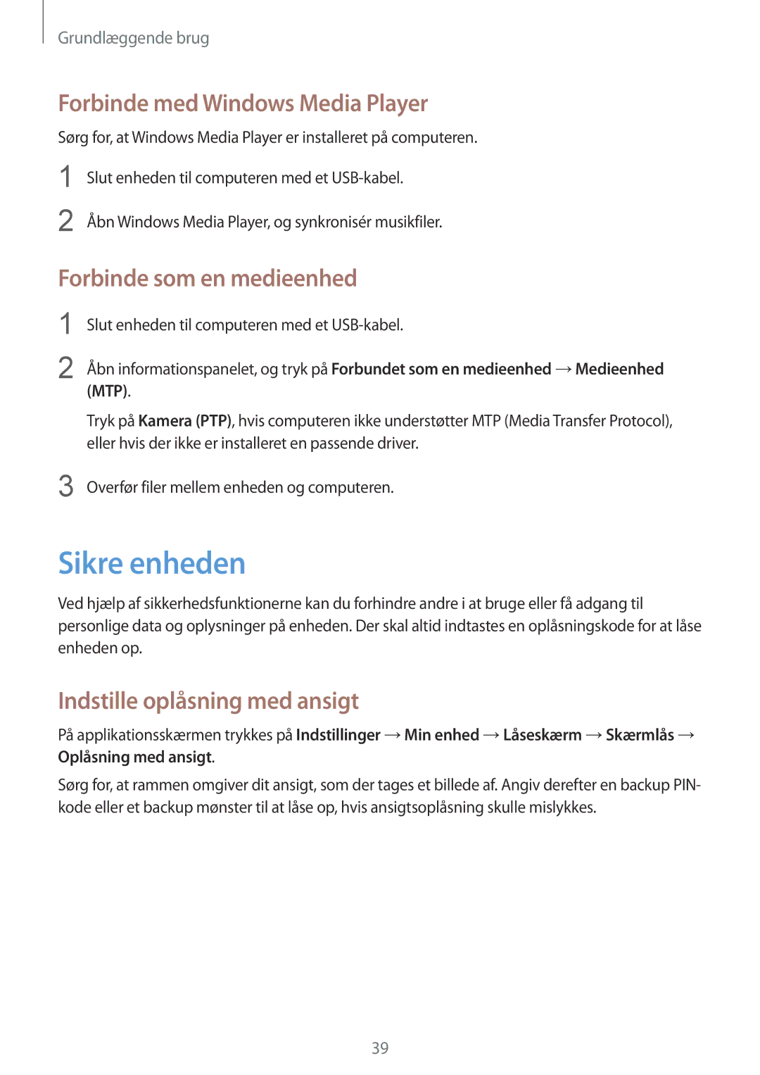 Samsung GT-I9195ZKINEE, GT-I9195DKINEE manual Sikre enheden, Forbinde med Windows Media Player, Forbinde som en medieenhed 