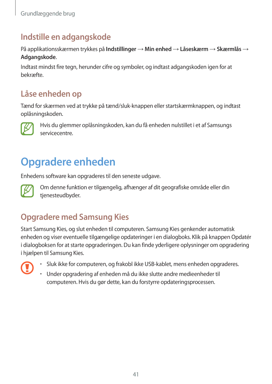 Samsung GT-I9195DKYNEE manual Opgradere enheden, Indstille en adgangskode, Låse enheden op, Opgradere med Samsung Kies 