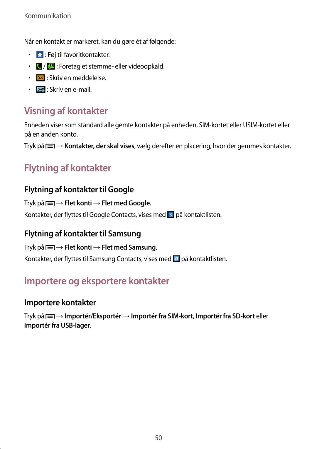 Samsung GT-I9195DKINEE, GT-I9195DKYNEE manual Visning af kontakter, Flytning af kontakter, Importere og eksportere kontakter 