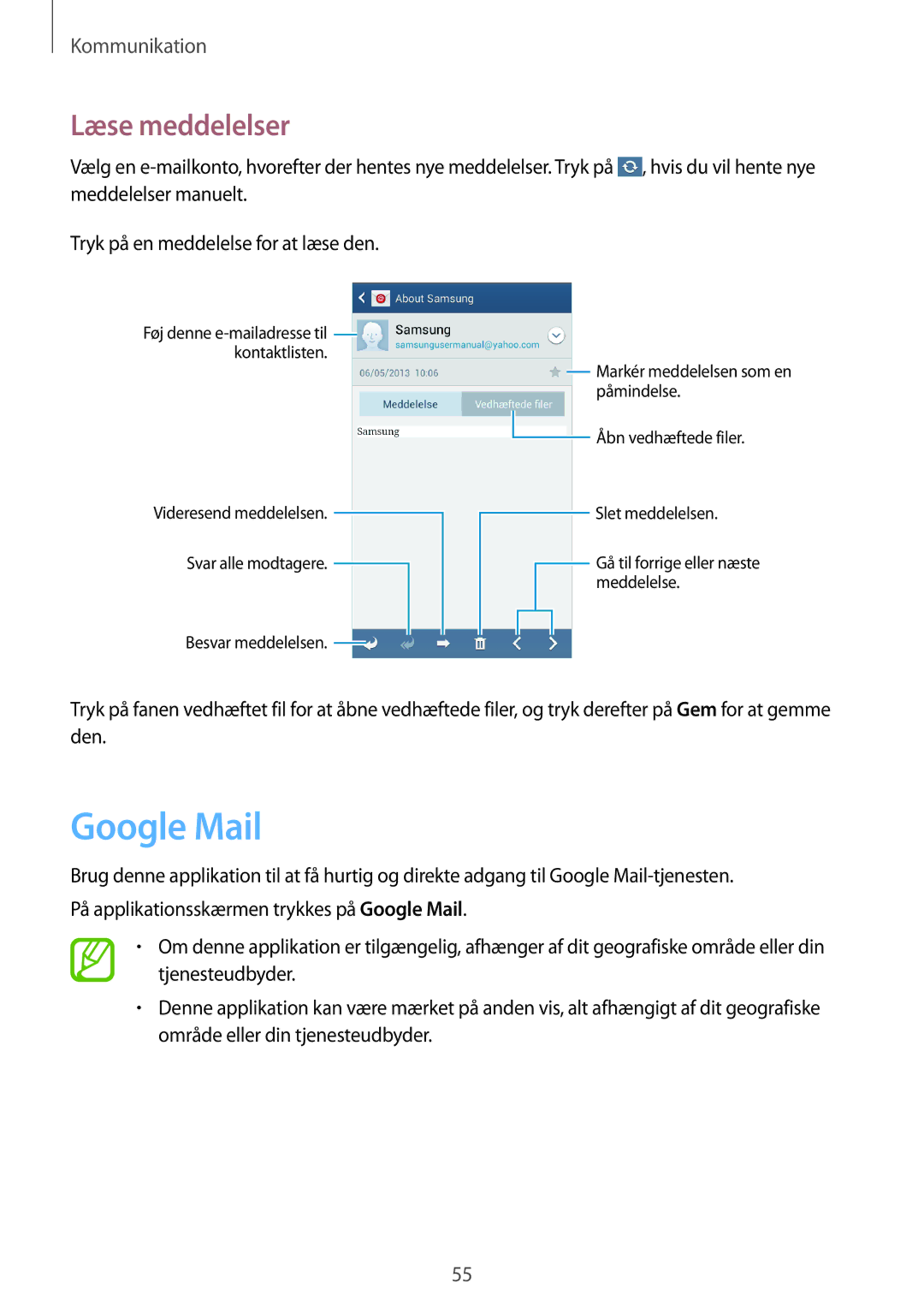 Samsung GT-I9195ZNANEE, GT-I9195DKINEE, GT-I9195DKYNEE, GT-I9195ZKANEE, GT-I9195ZPANEE manual Google Mail, Læse meddelelser 