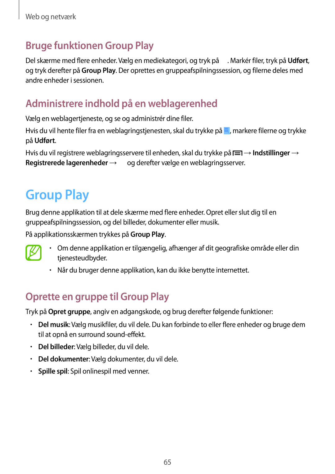 Samsung GT-I9195ZNANEE, GT-I9195DKINEE manual Bruge funktionen Group Play, Administrere indhold på en weblagerenhed 