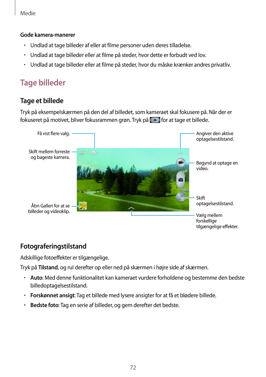 Samsung GT-I9195ZKANEE, GT-I9195DKINEE manual Tage billeder, Tage et billede, Fotograferingstilstand, Gode kamera-manerer 