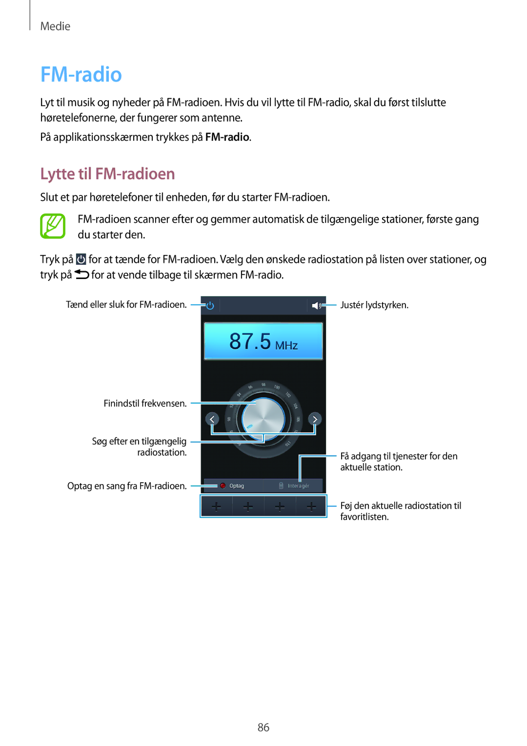 Samsung GT-I9195ZWINEE, GT-I9195DKINEE, GT-I9195DKYNEE, GT-I9195ZKANEE, GT-I9195ZPANEE manual Lytte til FM-radioen 