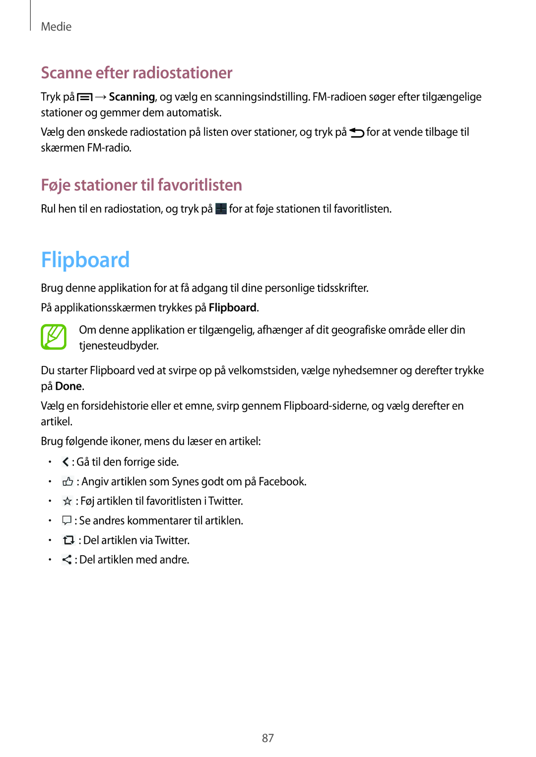 Samsung GT-I9195ZRANEE, GT-I9195DKINEE manual Flipboard, Scanne efter radiostationer, Føje stationer til favoritlisten 