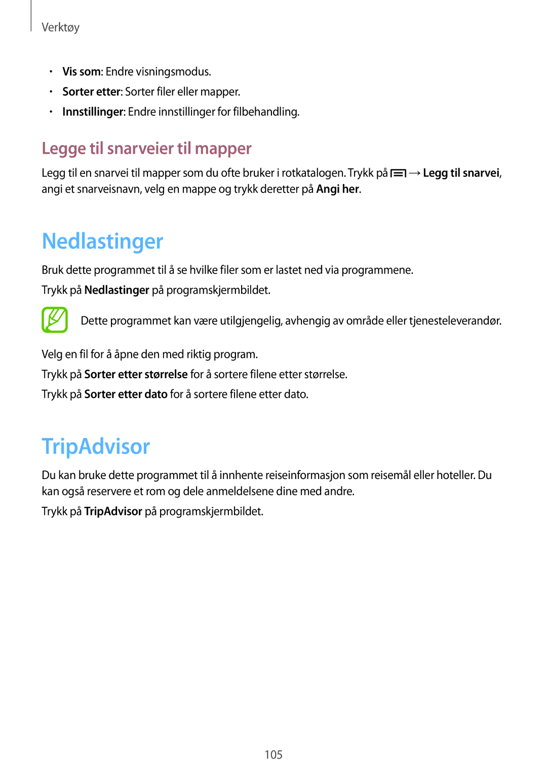 Samsung GT-I9195ZNANEE, GT-I9195DKINEE, GT-I9195DKYNEE manual Nedlastinger, TripAdvisor, Legge til snarveier til mapper 
