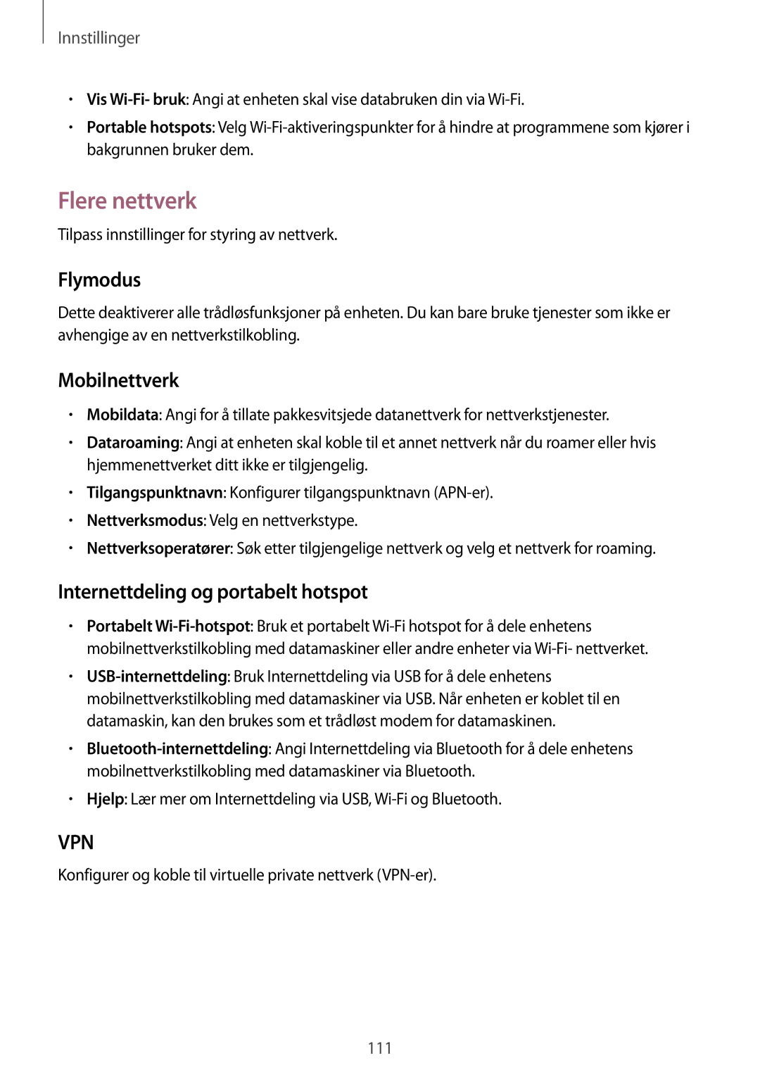 Samsung GT-I9195DKYNEE, GT-I9195DKINEE manual Flere nettverk, Flymodus, Mobilnettverk, Internettdeling og portabelt hotspot 