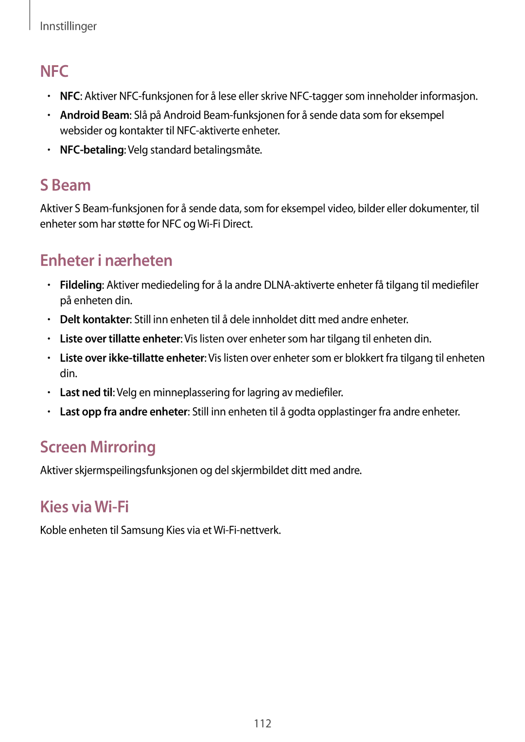 Samsung GT-I9195ZKANEE, GT-I9195DKINEE, GT-I9195DKYNEE manual Beam, Enheter i nærheten, Screen Mirroring, Kies via Wi-Fi 