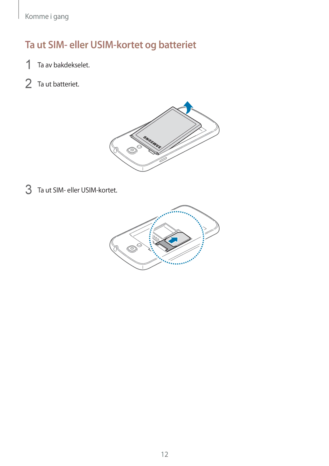 Samsung GT-I9195ZKANEE, GT-I9195DKINEE, GT-I9195DKYNEE, GT-I9195ZPANEE manual Ta ut SIM- eller USIM-kortet og batteriet 