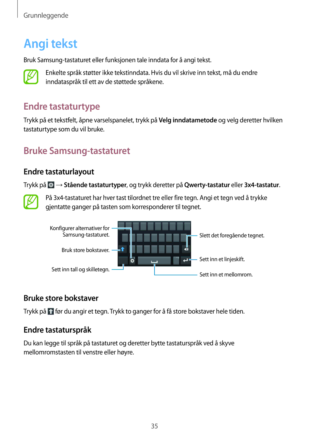 Samsung GT-I9195ZNANEE, GT-I9195DKINEE, GT-I9195DKYNEE manual Angi tekst, Endre tastaturtype, Bruke Samsung-tastaturet 