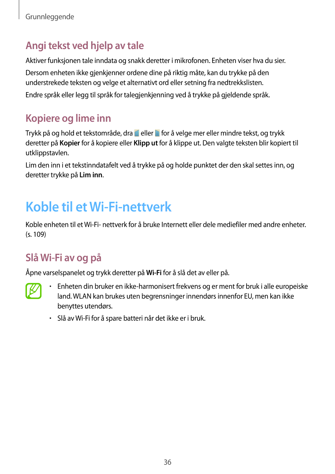 Samsung GT-I9195ZWINEE Koble til et Wi-Fi-nettverk, Angi tekst ved hjelp av tale, Kopiere og lime inn, Slå Wi-Fi av og på 