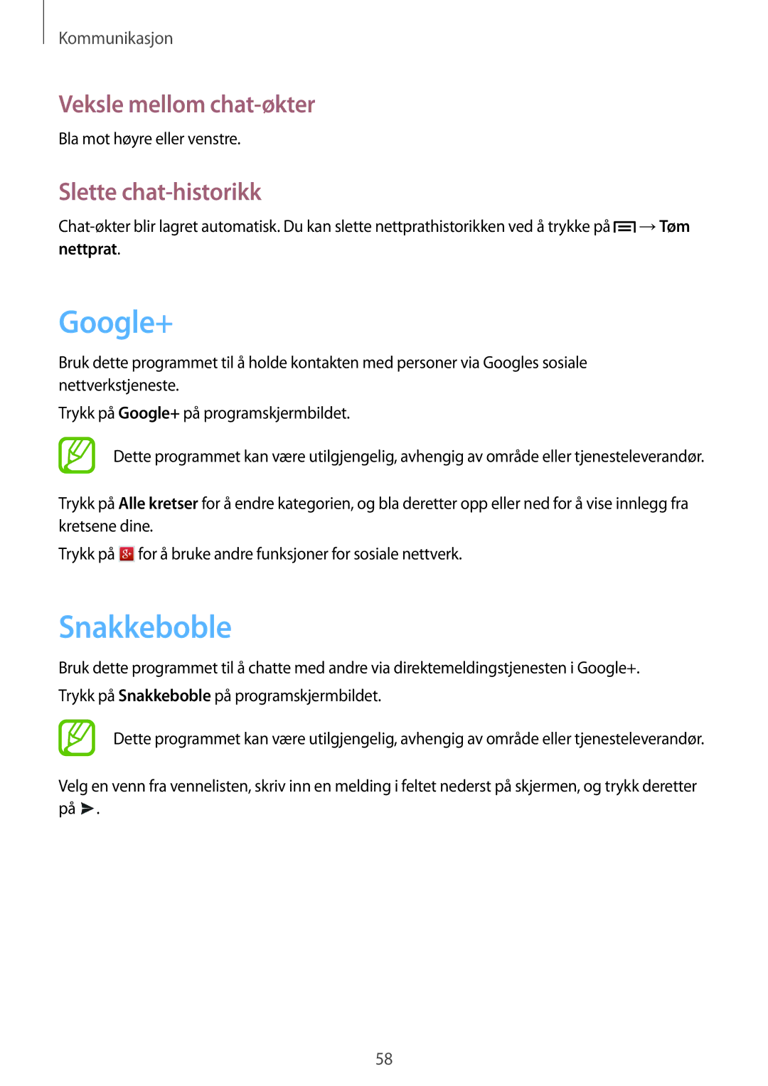 Samsung GT-I9195ZBANEE, GT-I9195DKINEE manual Google+, Snakkeboble, Veksle mellom chat-økter, Slette chat-historikk 