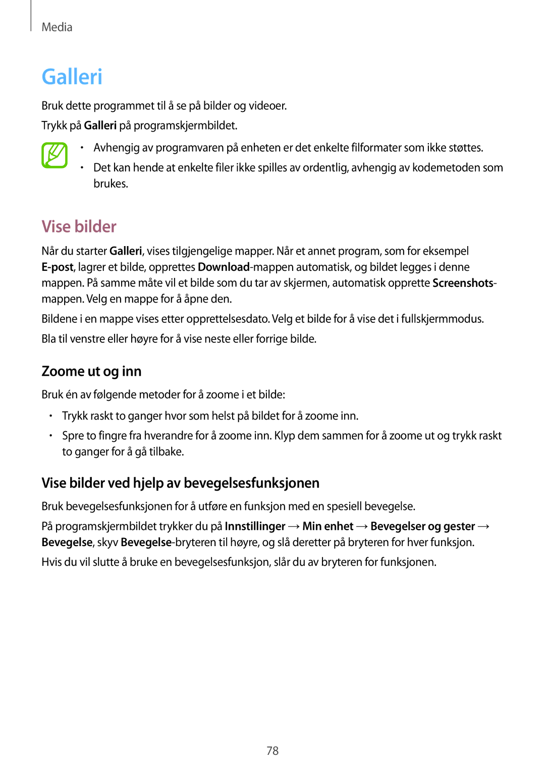 Samsung GT-I9195ZBANEE, GT-I9195DKINEE manual Galleri, Zoome ut og inn, Vise bilder ved hjelp av bevegelsesfunksjonen 