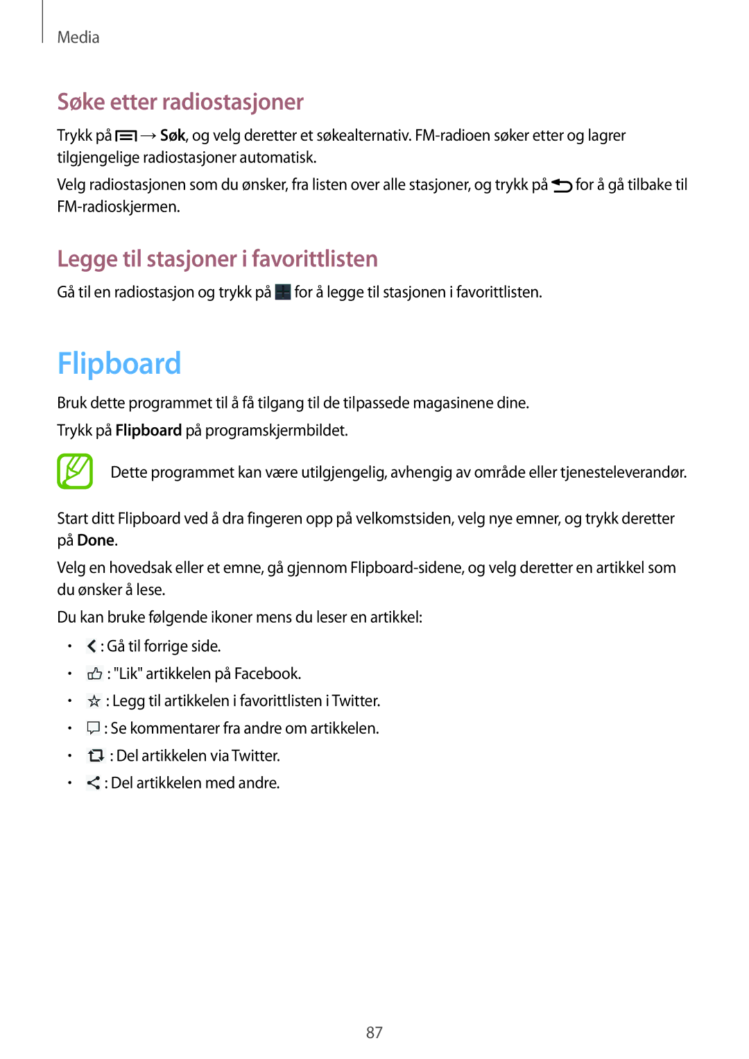 Samsung GT-I9195ZRANEE, GT-I9195DKINEE manual Flipboard, Søke etter radiostasjoner, Legge til stasjoner i favorittlisten 