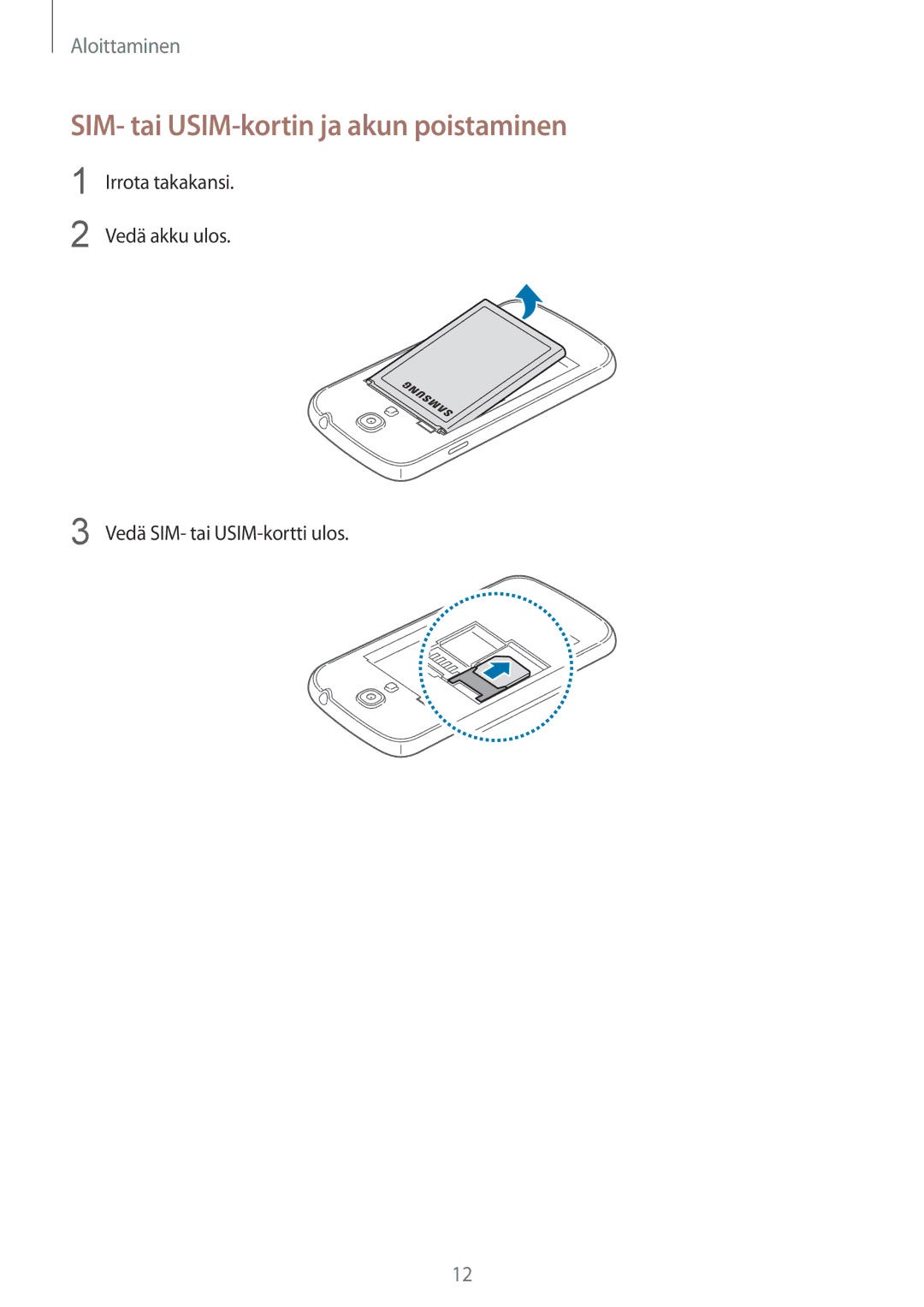 Samsung GT-I9195DKINEE, GT-I9195ZWINEE, GT-I9195ZKINEE manual SIM- tai USIM-kortin ja akun poistaminen 