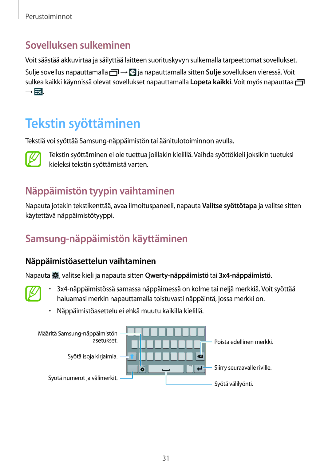 Samsung GT-I9195ZWINEE, GT-I9195DKINEE manual Tekstin syöttäminen, Sovelluksen sulkeminen, Näppäimistön tyypin vaihtaminen 