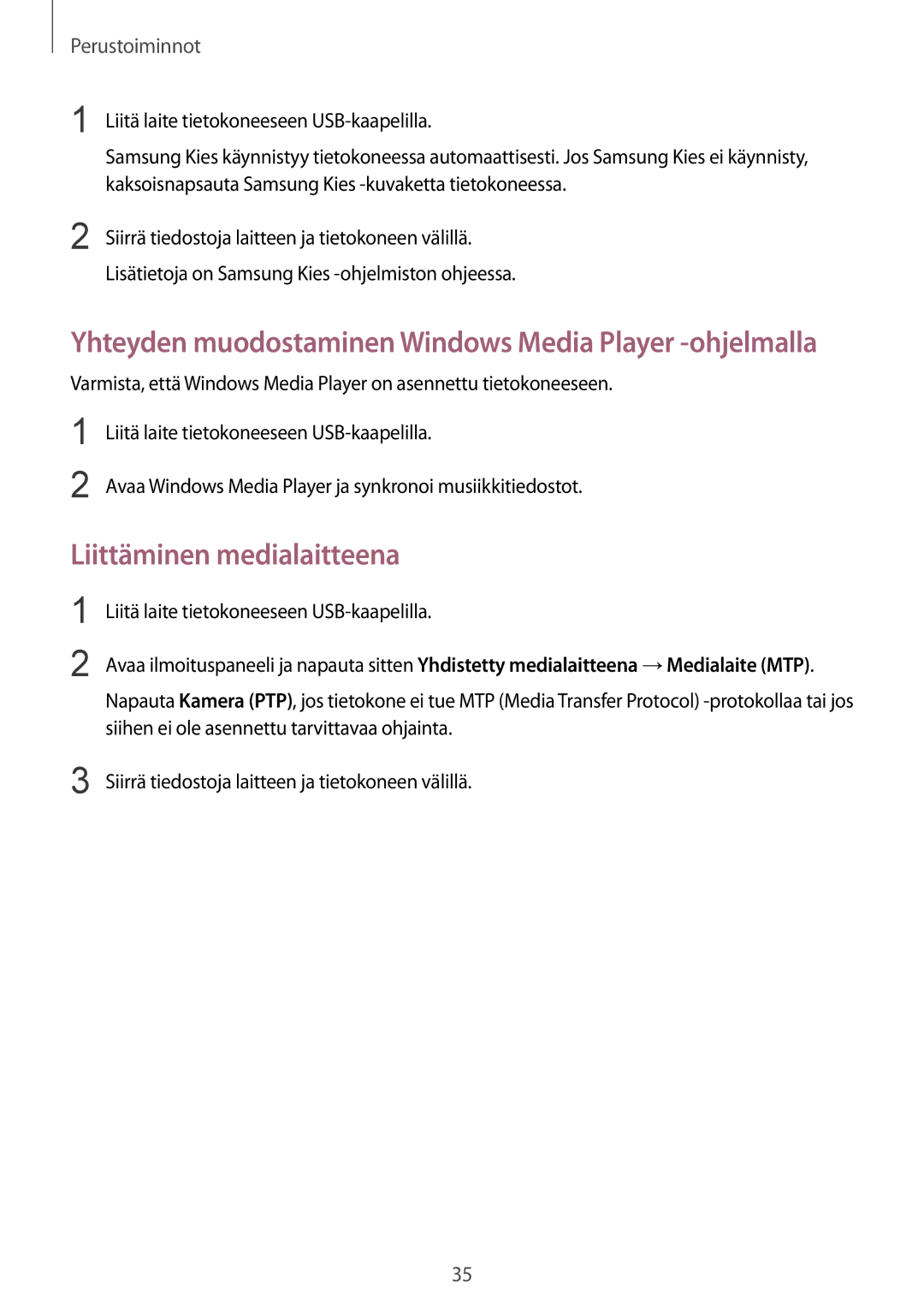 Samsung GT-I9195ZKINEE, GT-I9195DKINEE Liittäminen medialaitteena, Yhteyden muodostaminen Windows Media Player -ohjelmalla 