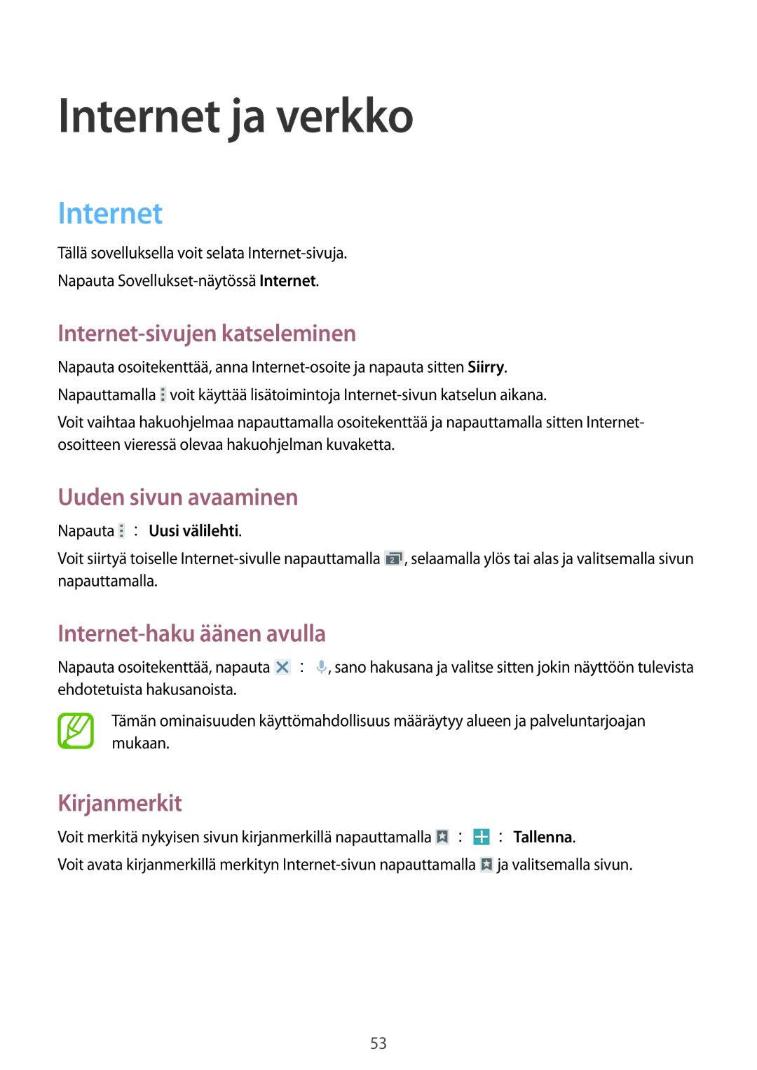 Samsung GT-I9195ZKINEE, GT-I9195DKINEE, GT-I9195ZWINEE manual Internet ja verkko 