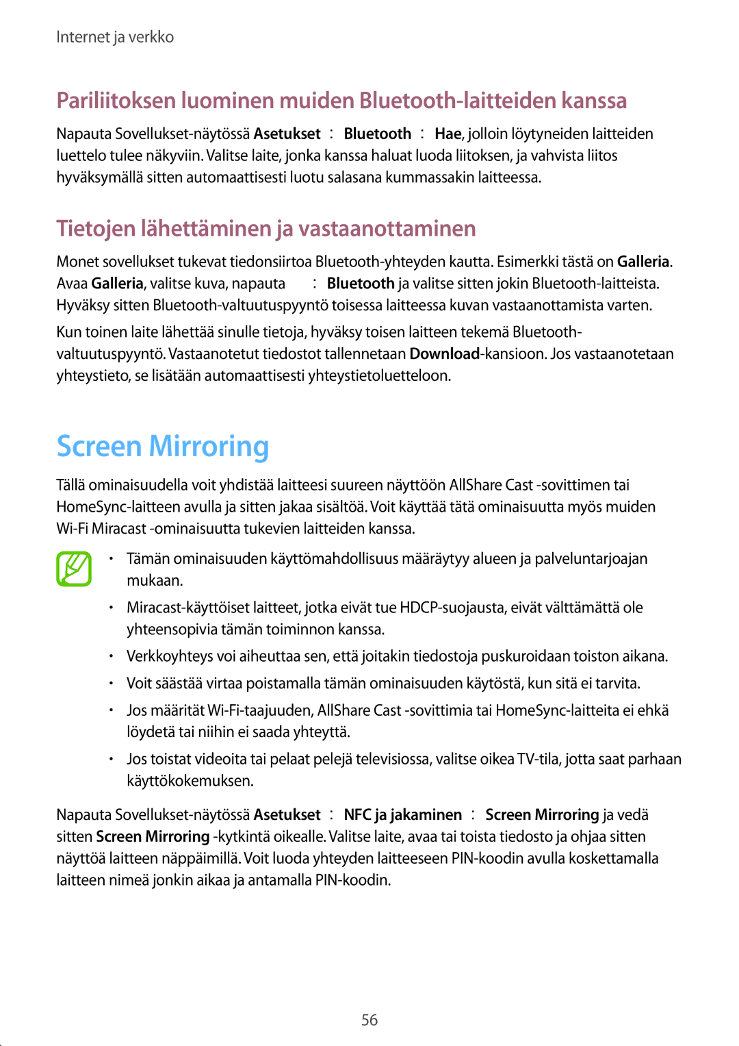 Samsung GT-I9195ZKINEE, GT-I9195DKINEE manual Screen Mirroring, Pariliitoksen luominen muiden Bluetooth-laitteiden kanssa 