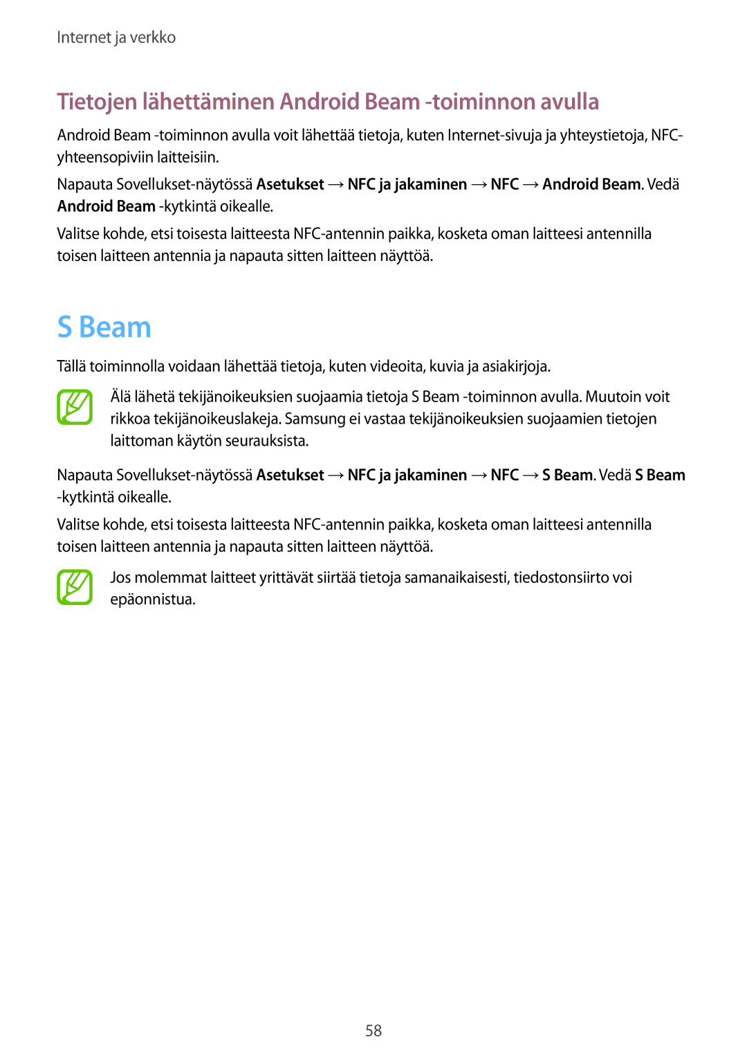 Samsung GT-I9195ZWINEE, GT-I9195DKINEE, GT-I9195ZKINEE manual Tietojen lähettäminen Android Beam -toiminnon avulla 