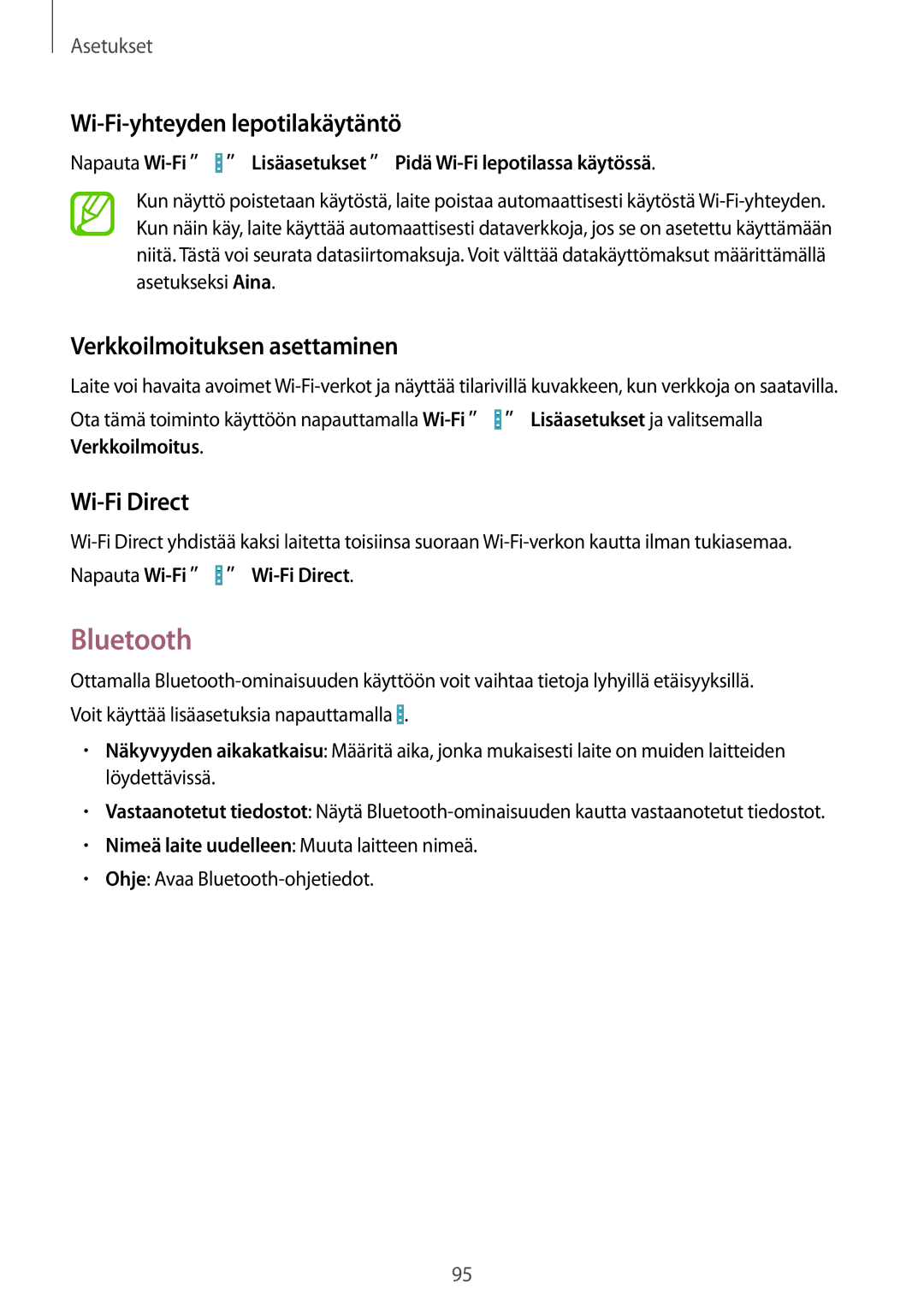 Samsung GT-I9195ZKINEE manual Bluetooth, Wi-Fi-yhteyden lepotilakäytäntö, Verkkoilmoituksen asettaminen, Wi-Fi Direct 