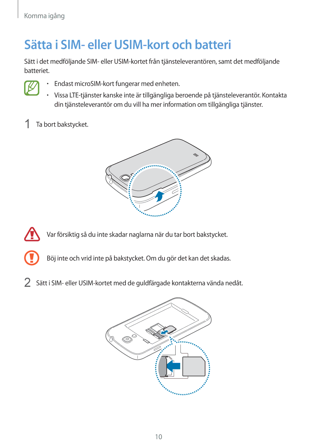 Samsung GT-I9195ZWINEE, GT-I9195DKINEE, GT-I9195ZKINEE manual Sätta i SIM- eller USIM-kort och batteri 