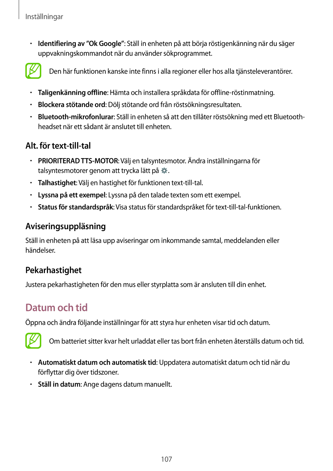 Samsung GT-I9195ZKINEE, GT-I9195DKINEE manual Datum och tid, Alt. för text-till-tal, Aviseringsuppläsning, Pekarhastighet 