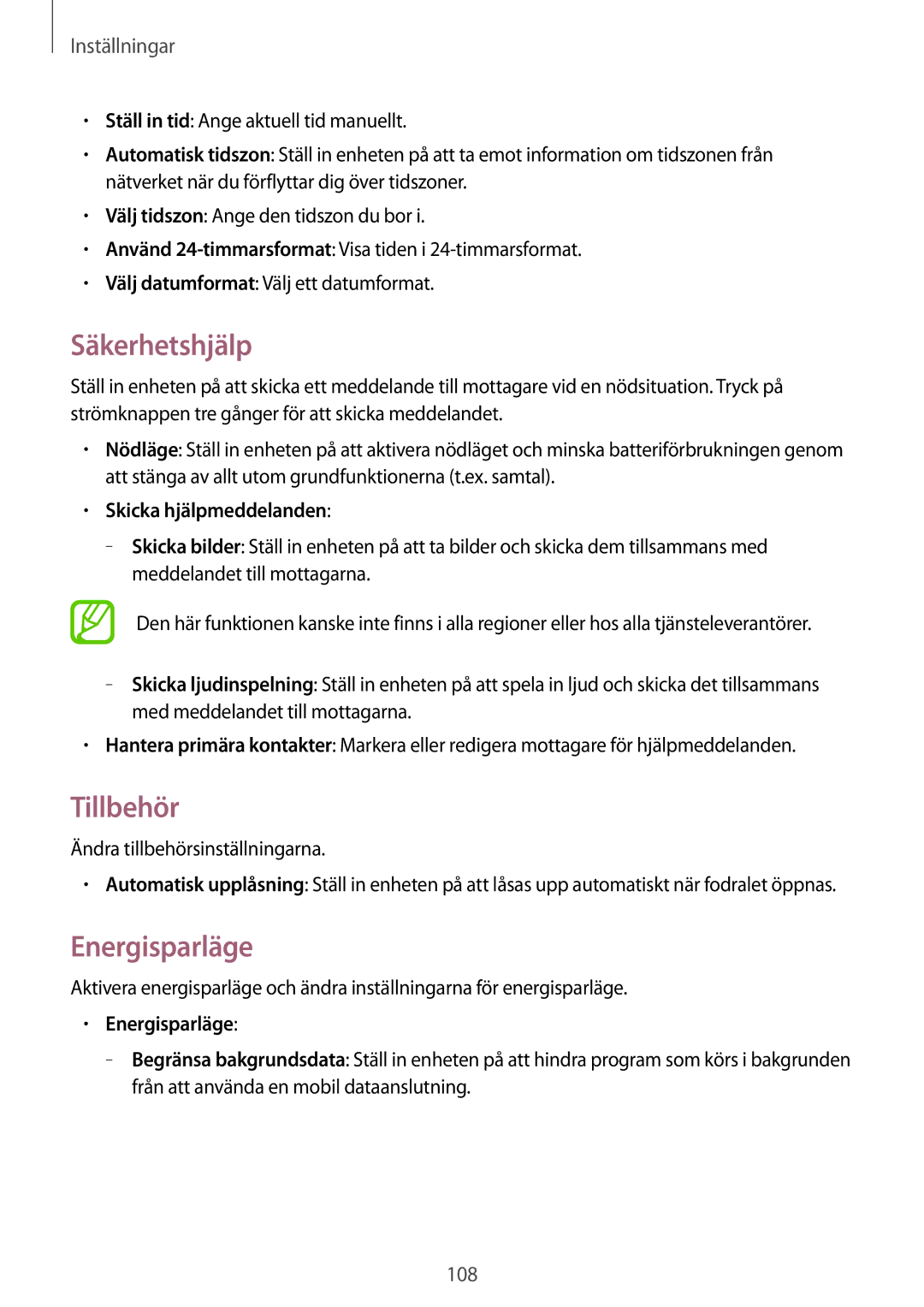 Samsung GT-I9195DKINEE, GT-I9195ZWINEE, GT-I9195ZKINEE Säkerhetshjälp, Tillbehör, Energisparläge, Skicka hjälpmeddelanden 