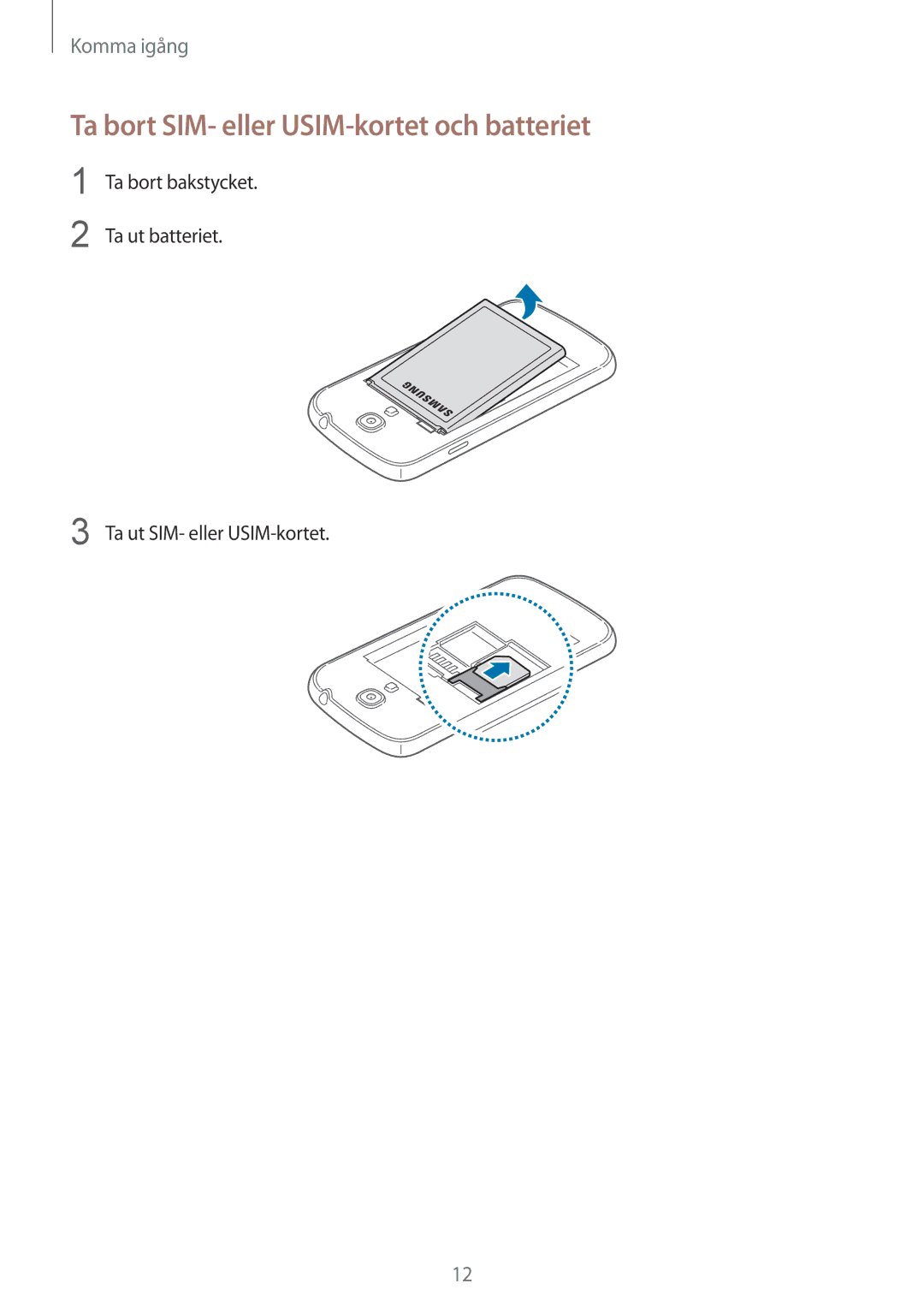 Samsung GT-I9195DKINEE, GT-I9195ZWINEE, GT-I9195ZKINEE manual Ta bort SIM- eller USIM-kortet och batteriet 