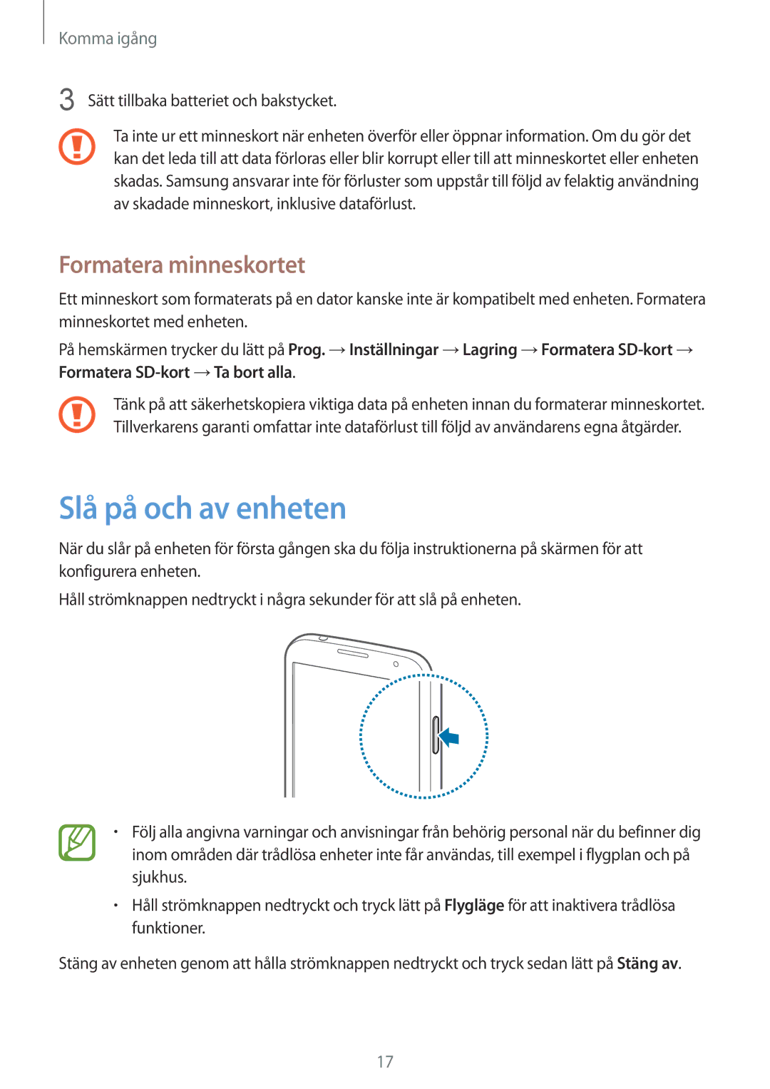 Samsung GT-I9195ZKINEE, GT-I9195DKINEE, GT-I9195ZWINEE manual Slå på och av enheten, Formatera minneskortet 