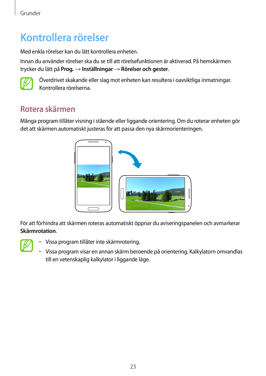 Samsung GT-I9195ZKINEE, GT-I9195DKINEE, GT-I9195ZWINEE manual Kontrollera rörelser, Rotera skärmen 