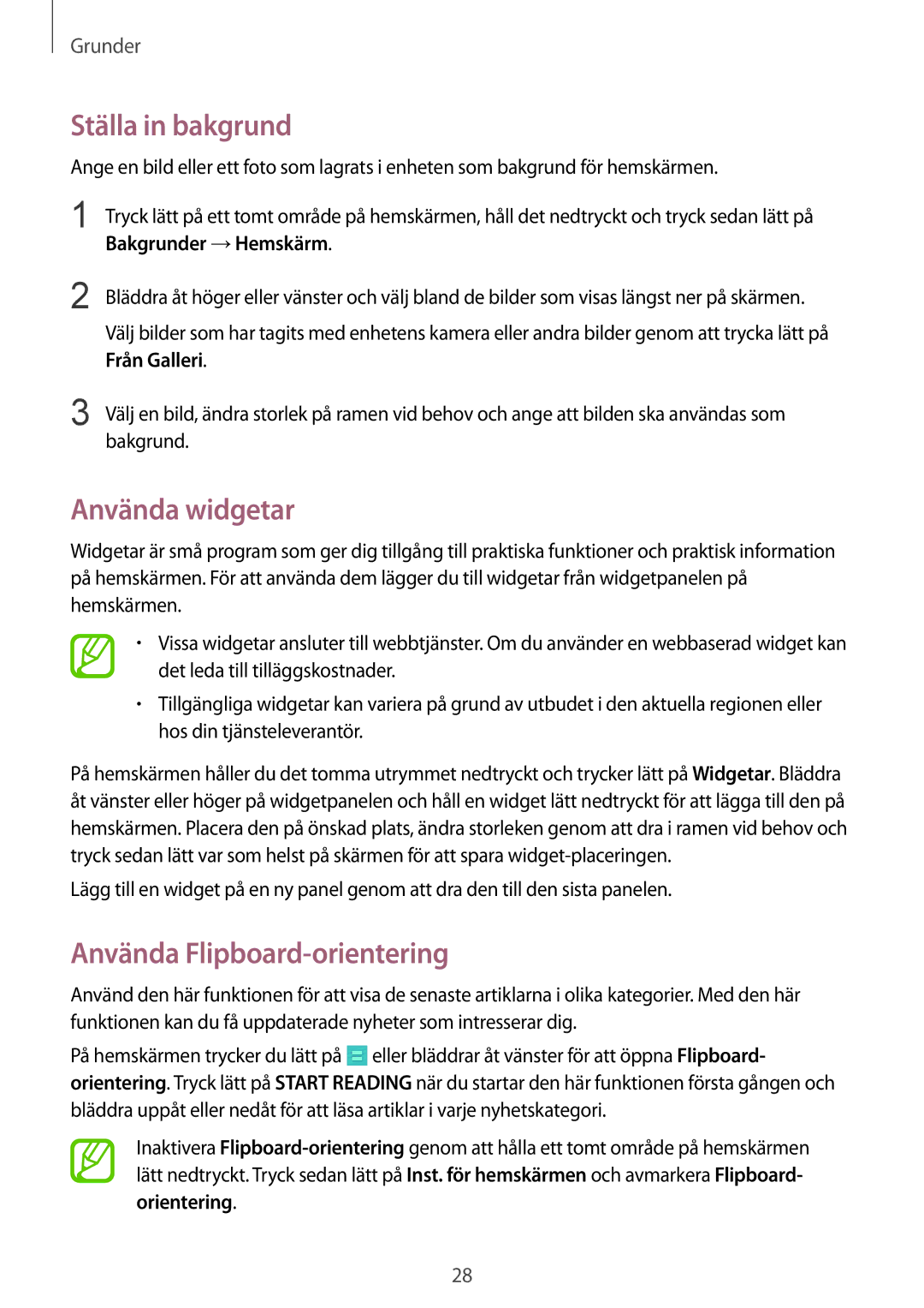 Samsung GT-I9195ZWINEE manual Ställa in bakgrund, Använda widgetar, Använda Flipboard-orientering, Bakgrunder →Hemskärm 