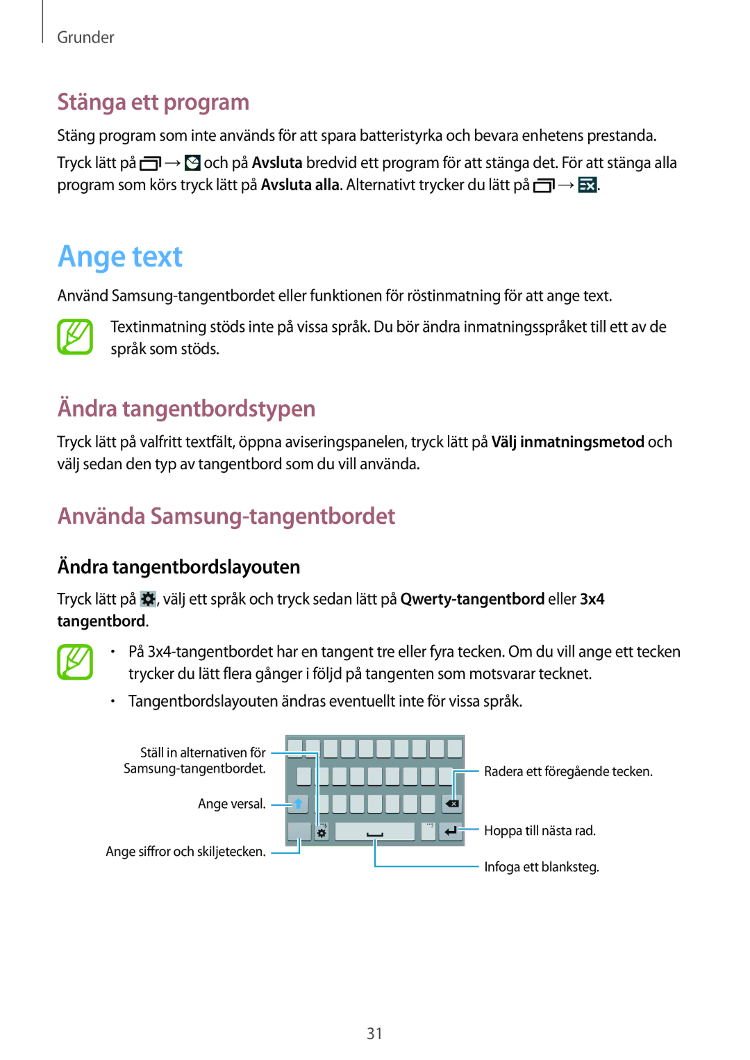 Samsung GT-I9195ZWINEE manual Ange text, Stänga ett program, Ändra tangentbordstypen, Använda Samsung-tangentbordet 